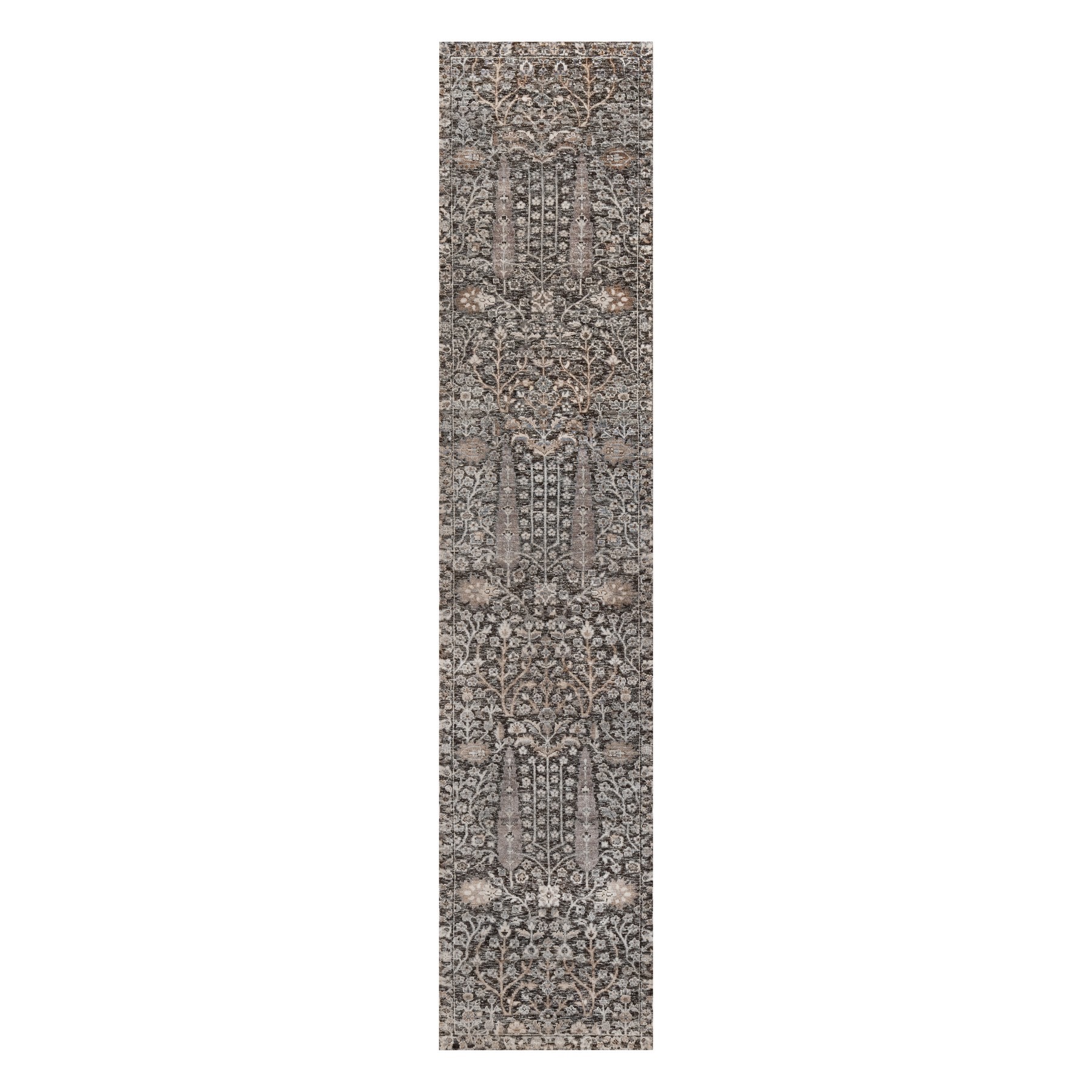 2'6"x11'10" Chocolate Brown, Willow and Cypress Tree Design, Denser Weave, Hand Knotted, Textured Wool and Silk, Runner, Oriental Rug 